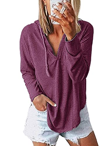 Image of Womens Long Sleeve V Neck Hoodie Sweatshirts Lightweight Pullover Tops