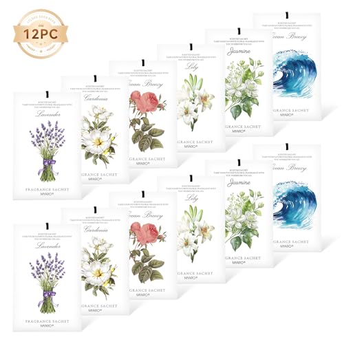 MYARO 12 Packs Scented Sachets for Drawer and Closet, Long-Lasting Sachets Bags Home Fragrance 6 Scents Option- Lavender, Rose, Jasmine, Ocean, Gardenia, Lily