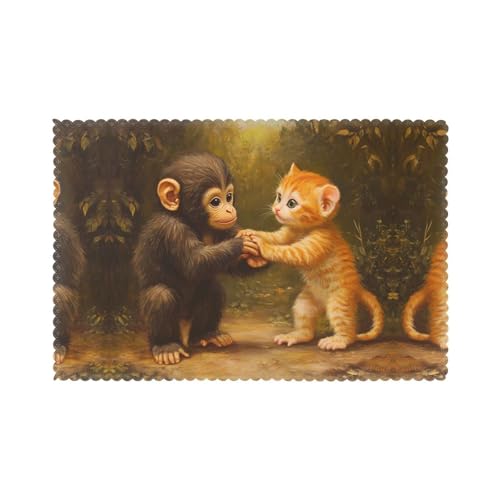 WZYWHJ Set di 6 tovagliette stampate con scimmia e gattino che si tengono per mano, per tavolo da pranzo, 30,5 x 45,7 cm, per feste, cucina, sala da pranzo, lavabile, facile da pulire