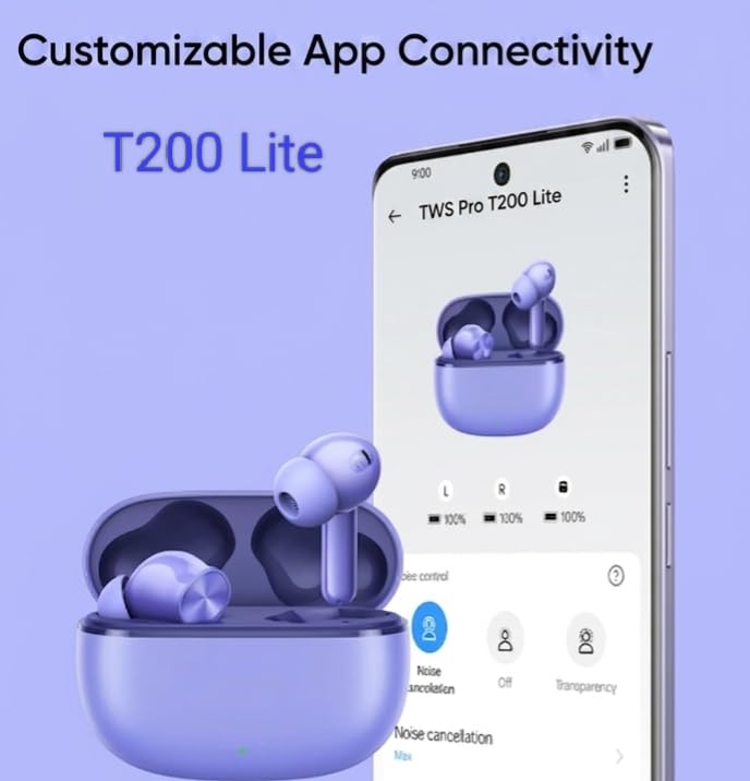 Image of Buds T200 Lite Bluetooth in Ear Earbuds,4 Mic, AI ENC for Calls,40 Hours Total Playback with Fast Charging and Ultra Low Latency Gaming TWS, Fast Pair,with mic (Aurora Purple)