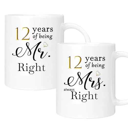 12 Year Anniversary Coffee Mug Gifts Set of 2 with Gift Box Packaging