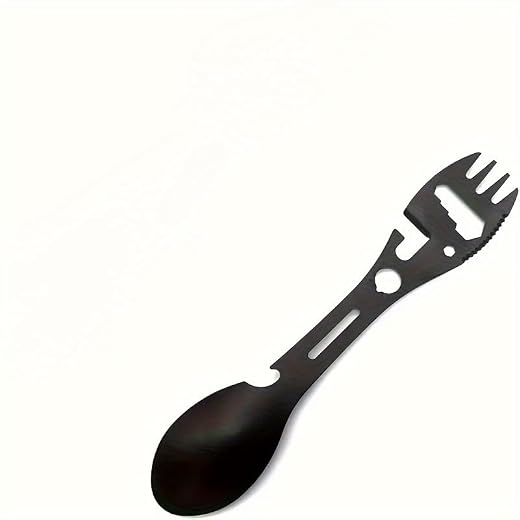 Stainless Steel Multifunctional Tool Spoon - Integrating Bottle Opener, Serrated Knife, and Direction Indicator (Black)