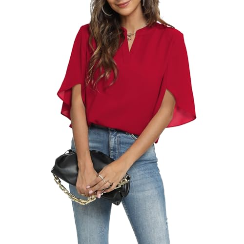 Funlingo Women's Summer Tops Short Sleeve Casual Shirts V Neck Chiffon Dressy Blouse Tops3