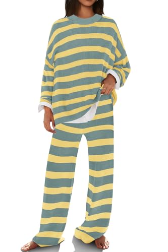 Image of SENSERISE Womens Striped Set Sweater Lounge Sets | Pajamas Set, Loungewear Set, Oversized Knit Sweater, Wide Leg Pants with Pockets, Fall Outfits, Pants Set