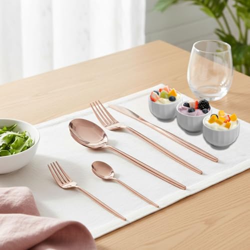 Image of Slim Handle Rose Gold 25 Pcs Stainless Steel Cutlery Set for Dining Table, Dishwasher Safe Glossy Flatware (5 Spoon Set+5 Forks Set+5 Butter Knife+5 Dessert Spoon+5 Fruit Fork)