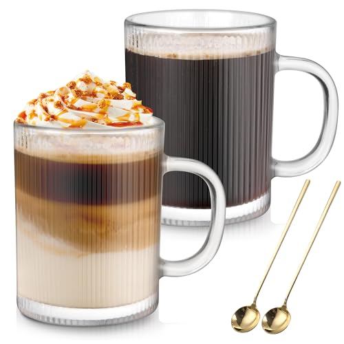 Anhow Glass Coffee Mugs Set of 2 350ml Classic Stripe Latte Glasses with Handle Borosilicate Temperature Resistant Glass Coffee Cups for Cappuccino Macchiato Tea Milk Juice Cold & Hot Beverages