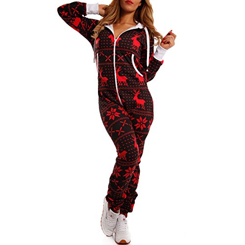 Crazy AgeKscheliger jumpsuit Sweat Overall Ganzkörperanzug mit Renntier- Eiskristalle Motive CA-J-603 Relaxen Chillen (Schwarz/Rot, M)