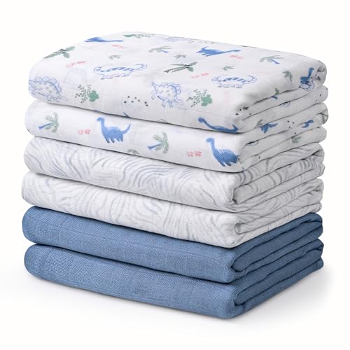 Image of GLLQUEN BABY Receiving Blanket Boy Cotton Muslin Swaddle Blankets Girl Newborn Squares Breathable & Soft Thin Baby Blankets Cloths Double Absorbent Infant Swaddling Wrap - 6 Pack (Dinosaur)