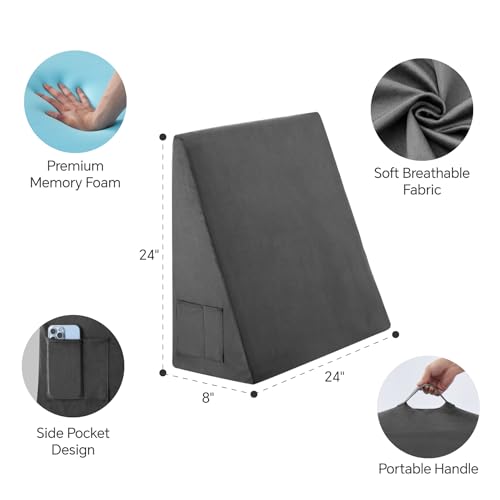 Image of Bedluxe Wedge Pillow, 8 inch Bed Wedge Pillow for Headboard, Pillow Wedge for Acid Reflux Relief, Sleeping, After Surgery, Snoring, Gerd, Triangle Pillow Wedge - Cooling Memory Foam Top, Plush Grey