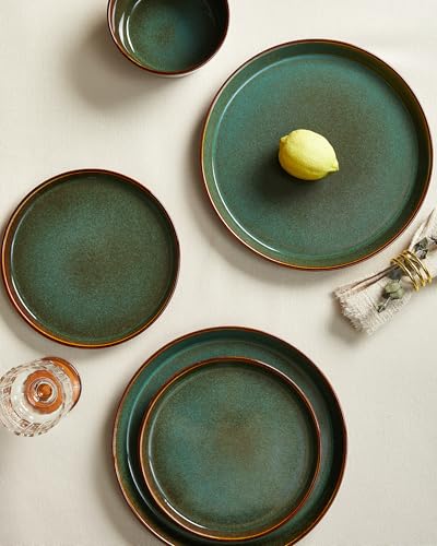Image of Ceramic Plates and Bowls Sets for 8, 24pcs Dinnerware Sets, Dish Set | Reactive Glaze Stoneware Dishes Set, Microwave & Dishwasher Safe, Scratch Resistant, Easy Cleaning Dishware sets, Brown Green