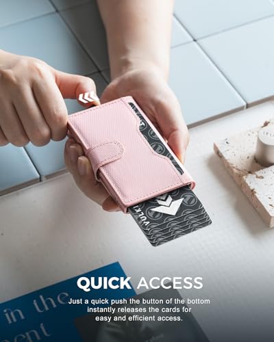 Image of VULKIT Slim Bifold Pop up Wallet Minimalist Leather Card Holder RFID Blocking Metal Card Case with ID Window for Women | with Leather Slots