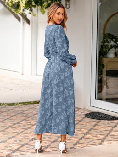 Image of Simplee Womens Boho Floral Long Sleeve Maxi Dress V Neck Empire Waist Fall Wedding Guest Dresses with Pockets