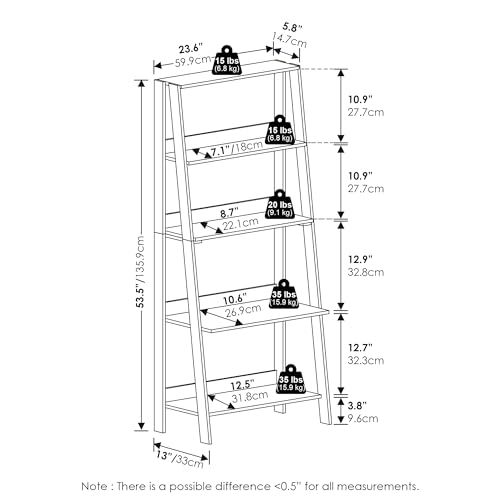 Image of Furinno Ladder 5-Tier Book Shelf, Leaning Standing Shelf, White | 13 x 23.6 x 53.5, Open Frame Design Bookshelf, Display Storage Shelves, for Living Room, Home Office