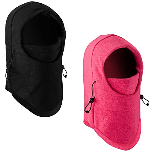 2 Pack Kids Balaclava Face Mask Double-Layer, Cold Weather Polar Fleece Ski Face Warmer for Boys & Girls, Black & Rose red