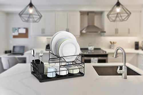 Image of SEVVY 2-Tier Iron Small Dish Rack For Kitchen With Utensils & Cutlery Holder And Drain Rack Kitchen Shelves - Small - 43X28Cm - Black