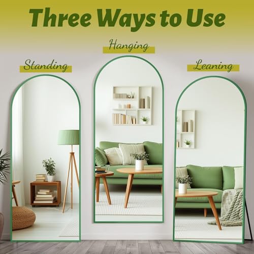Full Length Mirror, 58"x18" Floor Mirror, Arch Floor Standing Mirrors Freestanding Arch Full Body Mirrors with Stand for Bedroom, Hanging Mounted for Living Room Cloakroom, Green