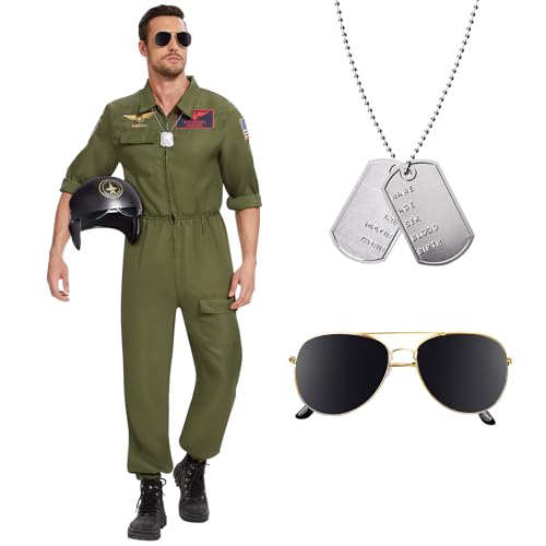 Herenear Costume da Pilota di Caccia per Uomo Adulte, Pilot Cosplay Carnevale Dress Up. Set di Costumi Militari Uomo Accessori per Carnevale, Halloween, Festa