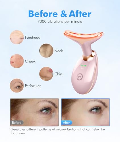 SDKWDH Red-Light-Therapy-for-Face-and-Neck, 7 Color Face Massager Tool for Wrinkles, Double Chin, Vibrating Facial Massager with Thermals for Skin Care, Glossy Pink