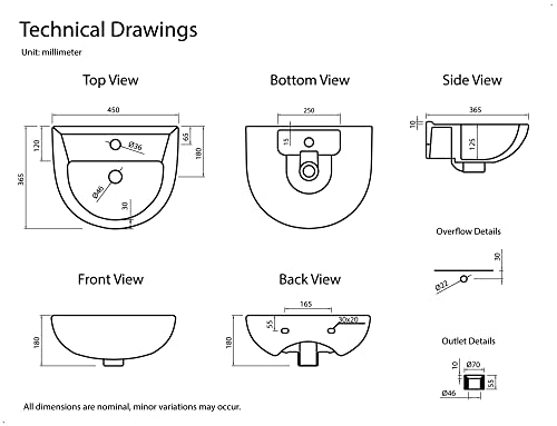 Amashen 17.7" X 14.4" Wall Mount Bathroom Sink White Semi-Circular Ceramic Lavatory Wash Basin With One Hole And Overflow #TOP7