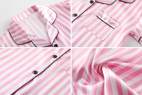 Image of Schbbbta Girls & Women Silk Nightgown, Short Sleeve Button Down Satin Nightshirt Pajama House Dress, 3 Years- Women 2XL