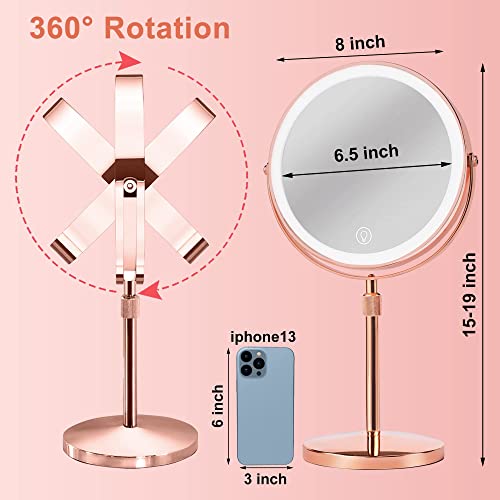 Makeup Mirror With 3 Color Lights, Height Adjustable,10X Rechargeable Magnifying Mirror With Light,Light Up Mirror With Magnification,Led Cosmetic Vanity Mirror With Touch Control (Rose Gold) #TOP5