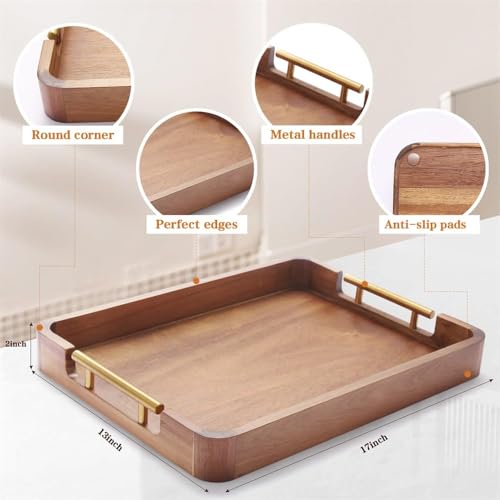 Image of Wooden Serving Tray for Home and Kitchen | Acacia Wood Large Rectangular Tray with Handles for Resturant, Cafe, Breakfast, Multipurpose Organzier | (Food Safe Oil Finish) (Florence)