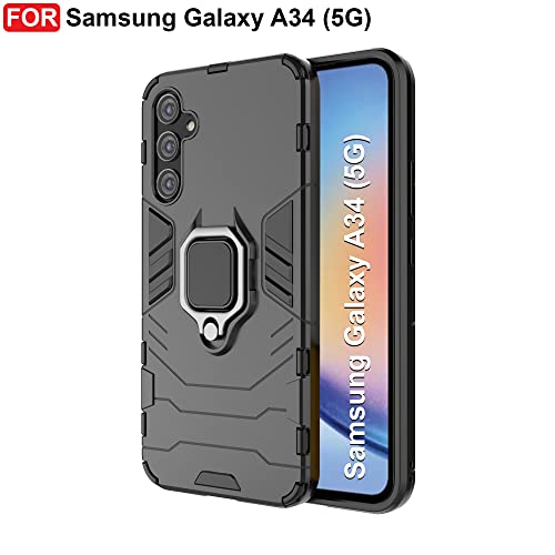 Image of CEDO Kickstand Cover for Samsung Galaxy A34 (5G) Rugged Case | Built-in Stand Rotating Ring Holder | Military Grade Armor Bumper Back Cover (Black)
