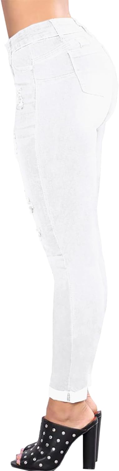 LONGBIDA Women's Stretch Ripped Jeans Skinny Distressed Destroyed Cuffed Denim Pants - Image 2