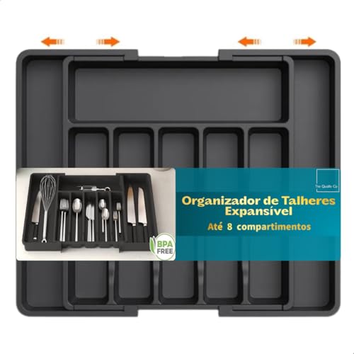 Porta Talheres Organizador Gaveta Ajustável com 8 Divisórias Preto Bandeja Grande Divisor Versátil para Cozinha Ideal Talher Utensílios Facas Suporte Separador Plástico Resistente.