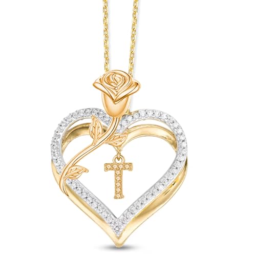 llyish Gold Initial Necklace for Women A-Z Capital Letter Heart Necklace with Rose Flower Pendant Real 925 Sterling SilverJewellery for Women Gifts for Her Girlfriend Wife Girls Birthday Presents