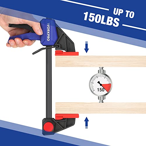 WORKPRO Bar Clamps for Woodworking, 6-Pack One-Handed Clamp/Spreader, 6-Inch (4) and 12-Inch (2) Wood Clamps Set, Light-Duty Quick-Change F Clamp with 150 lbs Load Limit Blue by WORKPRO - Used condition - Image 2