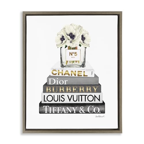 Image of 'White Poppies Grey Fashion Books'| Floating Frame Canvas Art | Stupell Industries | Brown, 25 x 31 Inches, Easy to Hang and Sturdy, Made in USA, by Amanda Greenwood