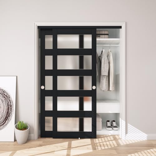 JUBEST 60" x 80" Sliding Closet Door, 5-Lite Frosted Glass