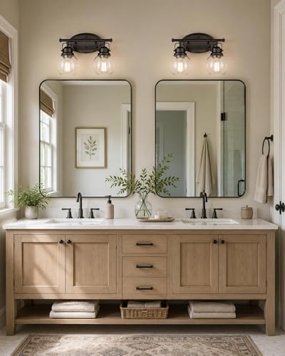 Image of Farmhouse Vintage Bathroom Light Fixtures, 2-Light Wall Mount Lighting Sconce Over Mirror, Oil Rubbed Bronze Vanity Lights with Globe Clear Glass, AD-2147-2W