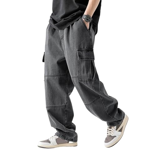 Men's Straight Cargo Jeans Multi Pocket Patchwork Pants Baggy Jogger Pants Black Tactical Pants Mens Rave Pants