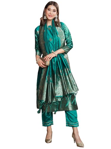 Image of VredeVogel Women's Cotton Silk Jacquard, Banarasi Silk Kurta Pant With Dupatta Set