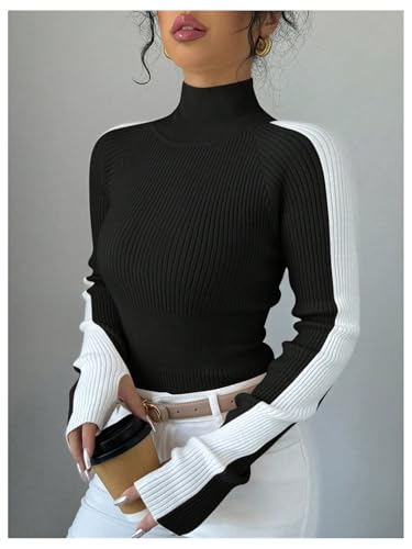 Verdusa Women's Striped Sweater Ribbed Knit Color Block Sweater High Neck Long Sleeve Fitted Pullovers4