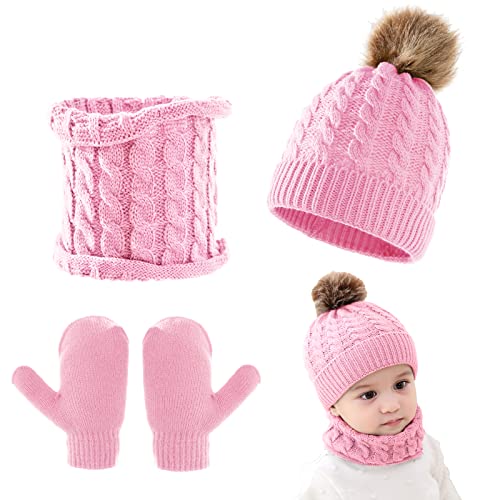 3Pcs Baby Beanie Hat Scarf Gloves Set Infant Knitted Cap Winter Warm Gloves Toddler Neck Warmer for Boys Girls 0-3 Years