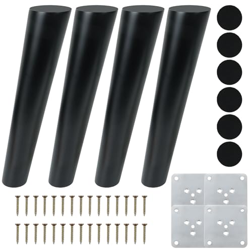 COEWUR 4 Piezas Patas para Muebles Madera Negro 25cm con Placa de Montaje Tornillos y Protectores de Suelo Pies para Muebles Redondas para Mesa de Té Sofá Cama Cajonera Mueble TV
