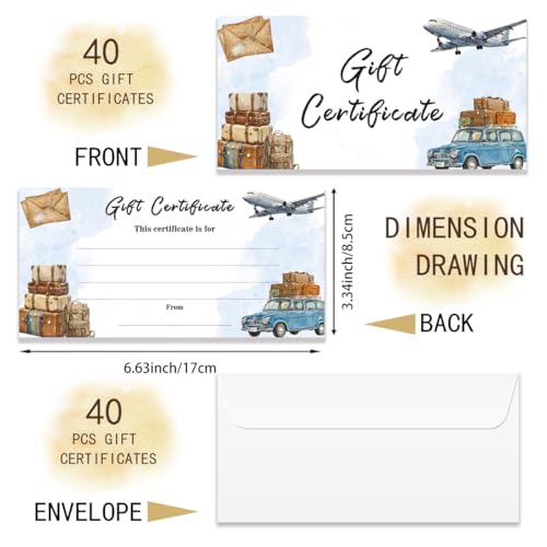 Doodlream 40 Set Geschenkkarten Zertifikate mit Umschlägen 17 x 8.5cm Blankokarte mit Reisemotiv für Familie und Freunde Gutscheine für Business Restaurants Spa Beauty Makeup Friseursalon