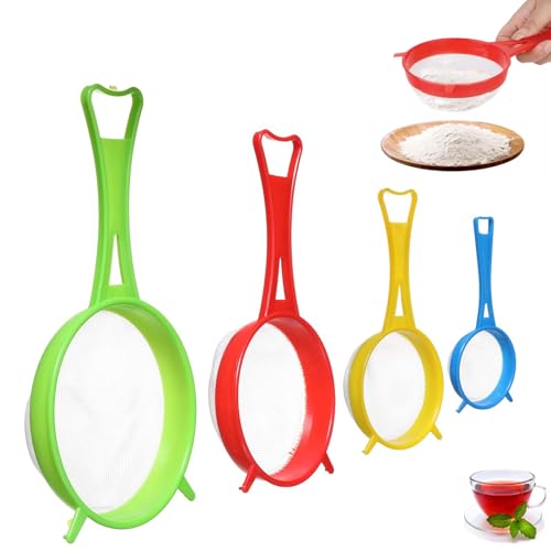 YanBous Set de coladores de plástico de 4 tamaños diferentes (13,5/11,5/8,5/6,5 cm), para cocina: harina, quinoa, arroz, pasta, azúcar glas y más. Perfecto para escurrir, filtrar y tamizar.