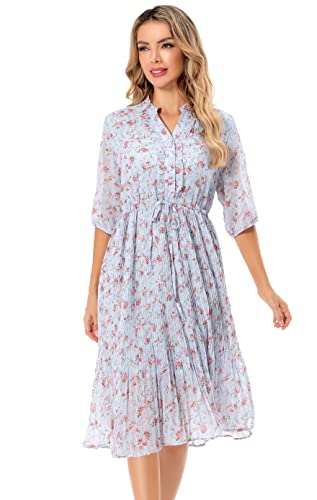 Image of Shineflow Women's Short Sleeve V-Neck 3 /4 Sleeve Button Up Chiffon Floral Pleated Midi Swing Dress with Belt