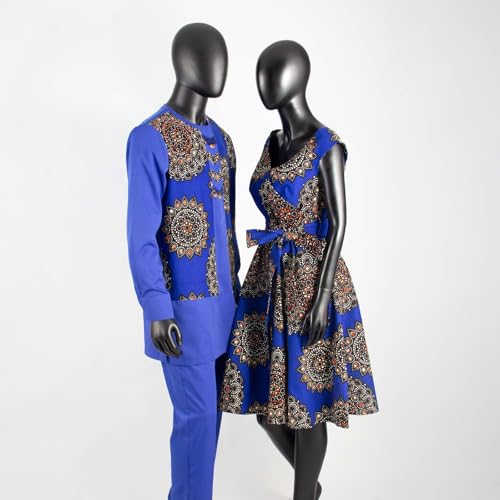 African Sexy V-neck Dresses with Belt for Women Matching Couple Outfits Dashiki Men Clothes Shirt and Pant Sets3