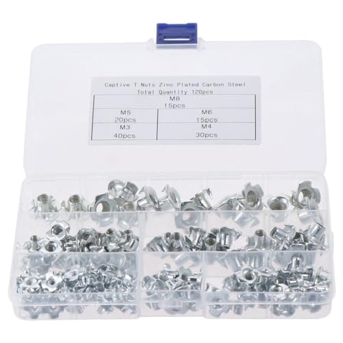 SHUATI 120pcs Carbon Steel T-Nuts, M3 M4 M5 M6 M8 Four Claw Nut Assortment Kit, Insert Nuts Blind Nuts, T-Nuts Assortment Kit for Wood, Rock Climbing Holds, Cabinetry, Furniture