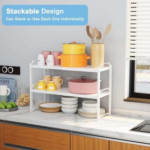 Image of 2 Pack Stackable Expandable Shelves For Kitchen Cabinet Countertop Storage, Adjustable Counter Cupboard Pantry Organizer Shelf Rack Stand, Length:25.5 Inch
