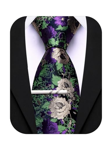 Image of Barry.Wang Plaid Ties Mens Silk Necktie and Tie Clip Checkered Tie for Wedding Party Business Formal