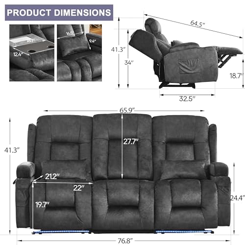 Image of URRED Power Loveseat Recliner Sofa with Massage and Heat, Wall Hugger Reclining Loveseat with Console, RV Couch Home Theater Seating with LED Lights for Living Room (Dark Grey, 76.8 inch - 3 Seats)