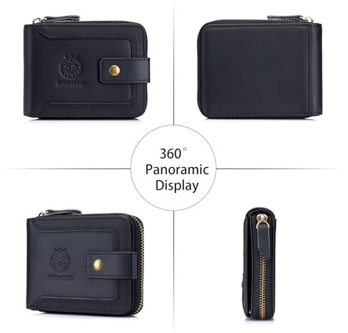 Image of Genuine Leather Zipper Wallet for Men RFID Blocking Large Capacity Classic Wallet with Coin Pocket ID Window, Black