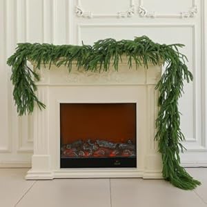 9FT Christmas Garland Artificial Norfolk Pine Garland，Handmade Real Touch Winter Greenery Faux Pine Needles Garland for Home Table Mantle Fireplace Indoor Outdoor Christmas Decor