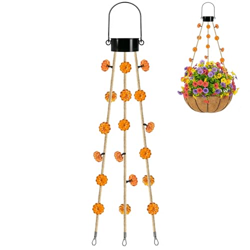 XTHlamp Outdoor Solar Plant Hanger - 25-inch Hemp Rope Hanger with 15 LEDs; Hanging Strap for Flower Pots, Lanterns, Bird Feeders; Plant Hanger for Gardens, Patios, Porches, Balconies